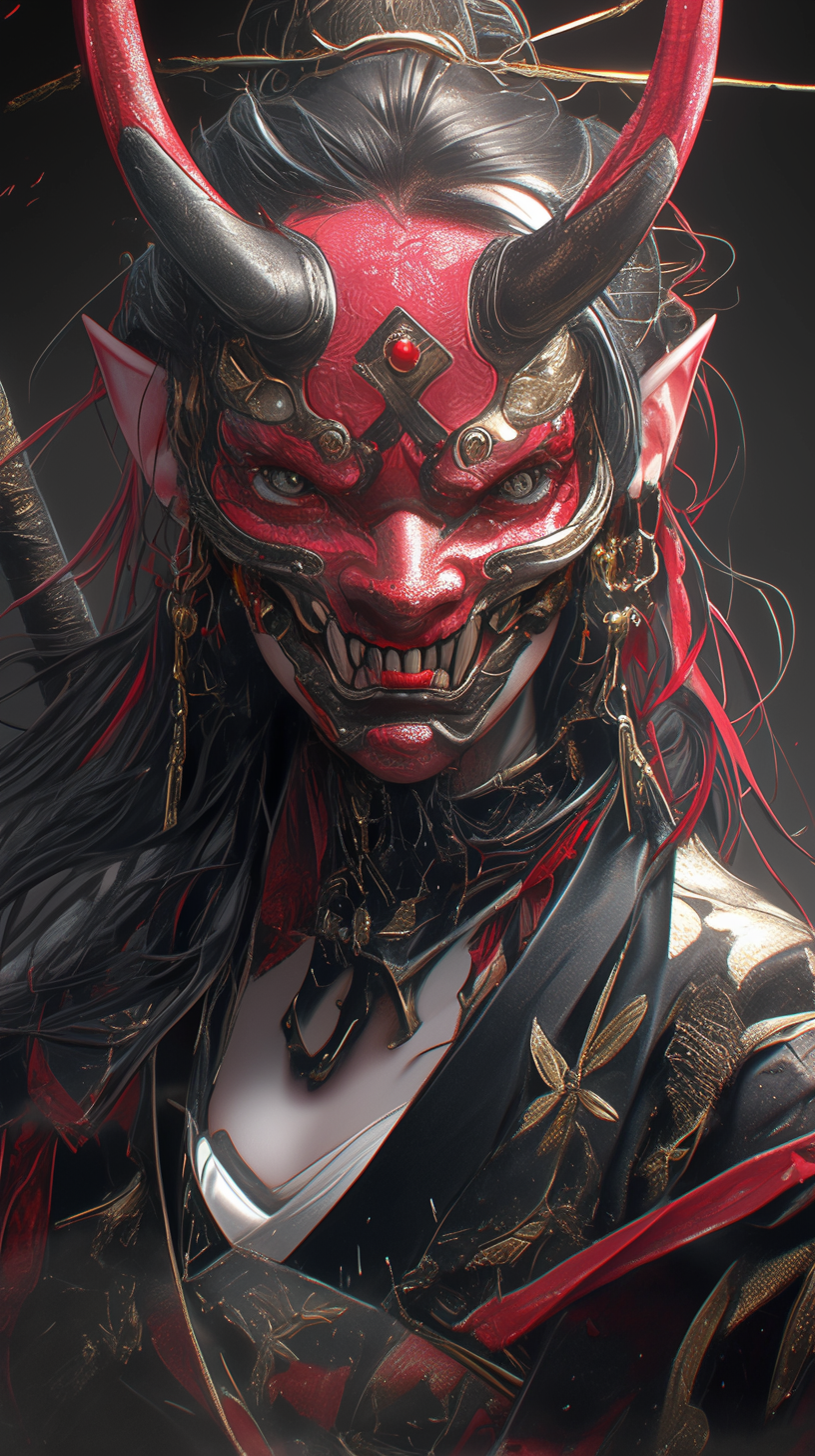 A red demon samurai with detailed hyper realistic features.