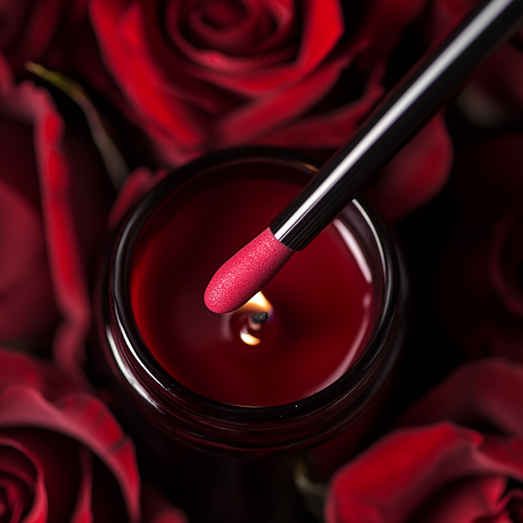 A red match lights candle with roses, elegant