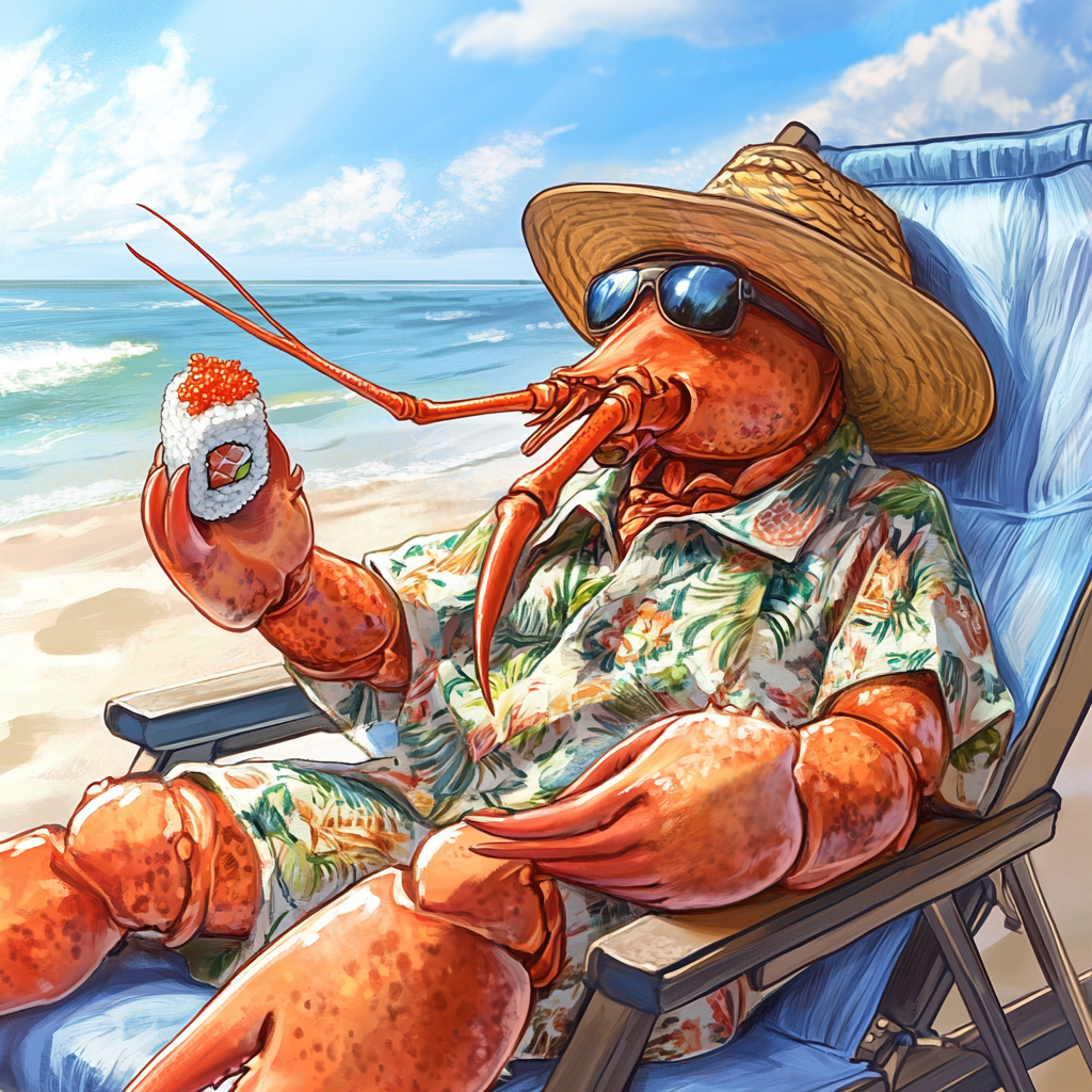 A relaxed lobster enjoys sushi at the beach