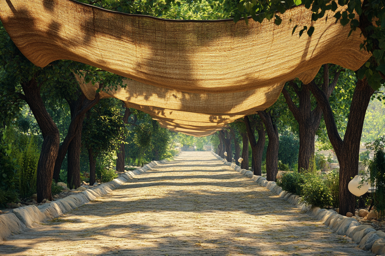 A road in temple with jute sun shades