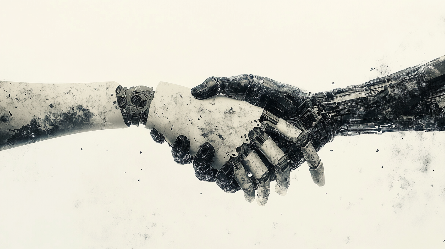 A robot hand shakes a human hand.