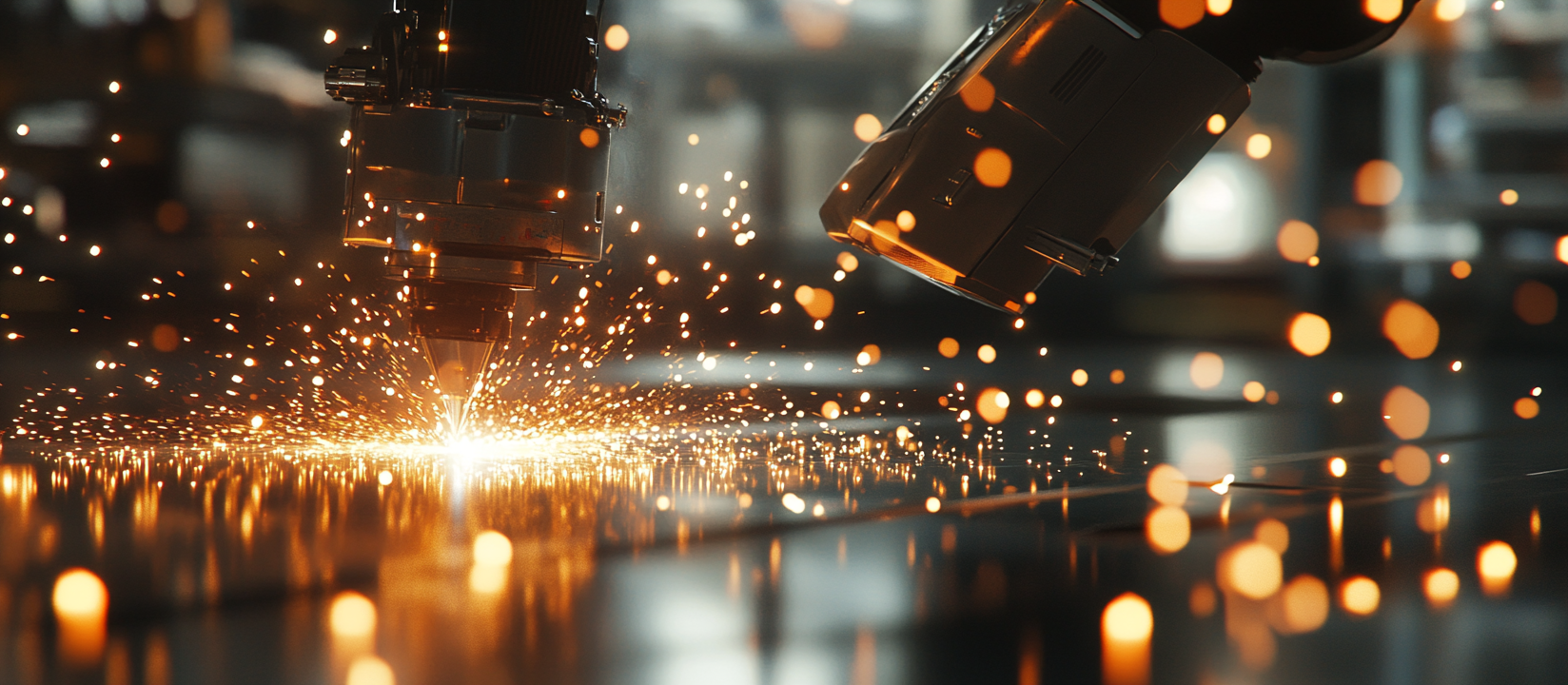 A robot welds steel in a modern factory.