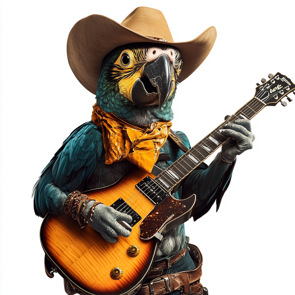 A rockstar parrot with cowboy hat playing guitar.