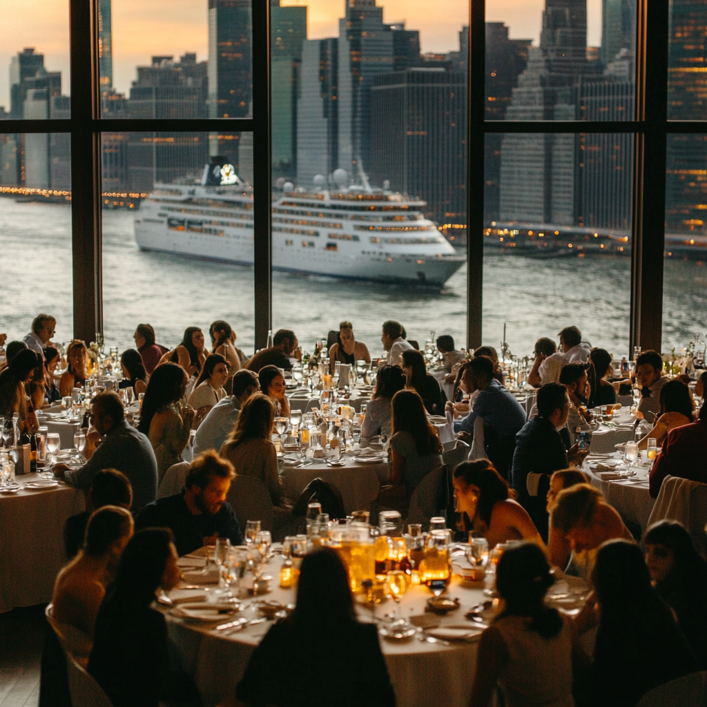 A room with tables and people overlooking NYC river