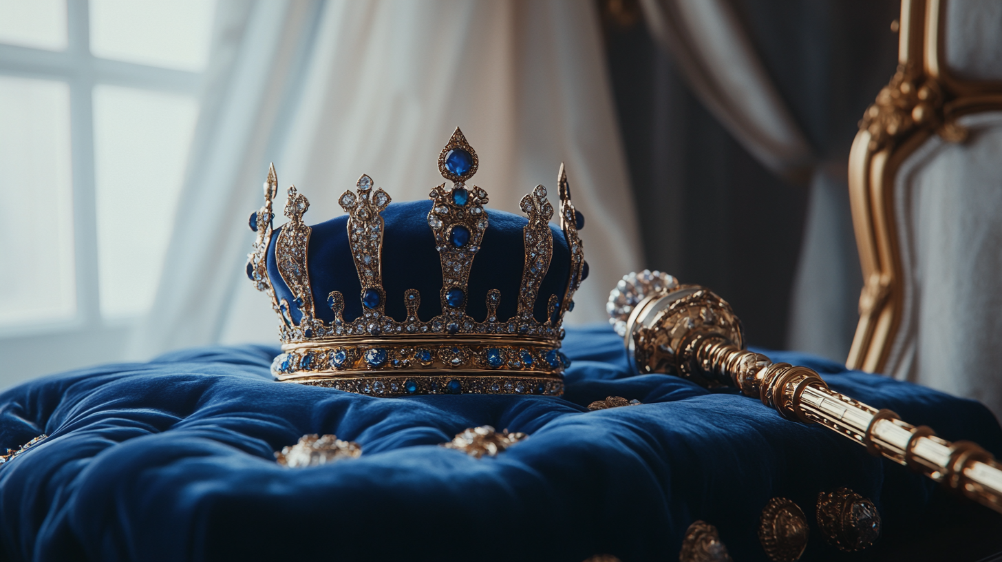 A royal crown on blue cushion with scepter