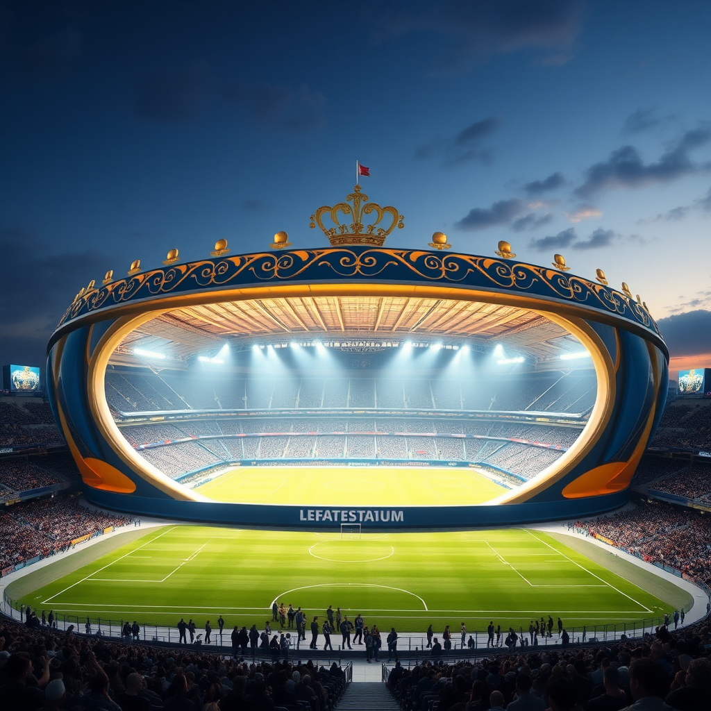 A royal crown-themed football stadium with blue and gold.