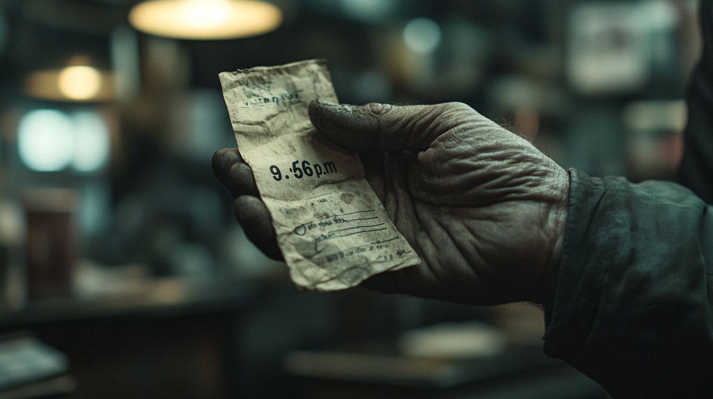 A rugged hand holds a café receipt, faded ink