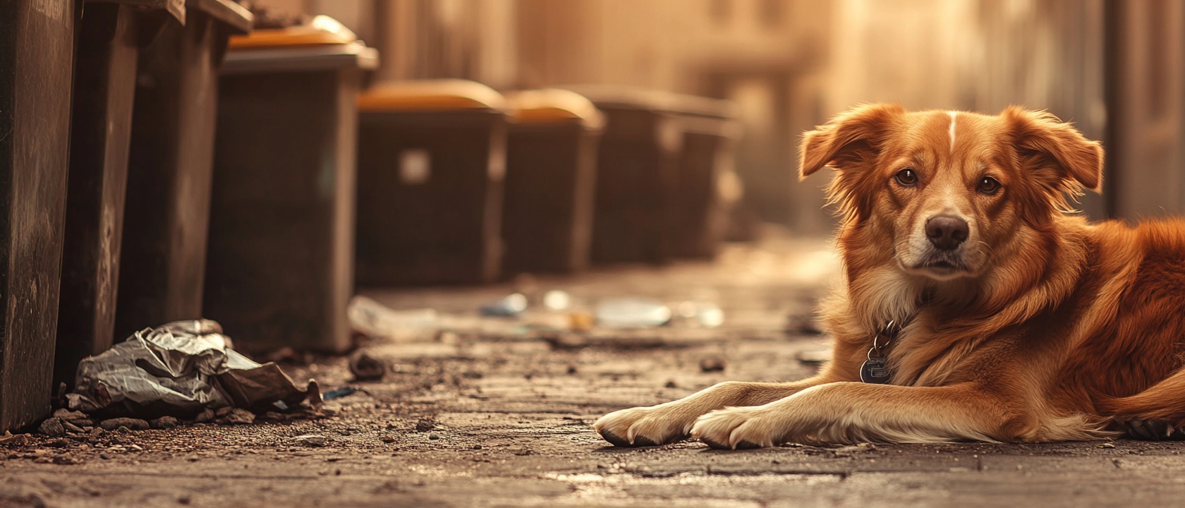 A sad dog in dirty alley with trash.