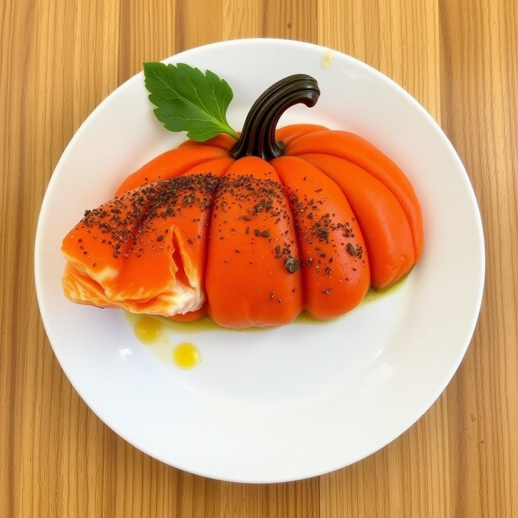 A salmon made into a pumpkin for Halloween.