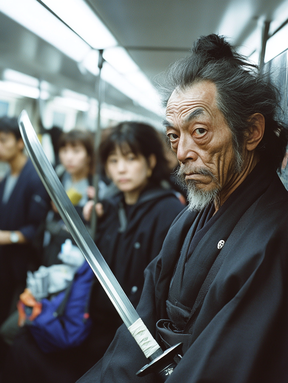 A samurai rides crowded Tokyo subway, passengers curious