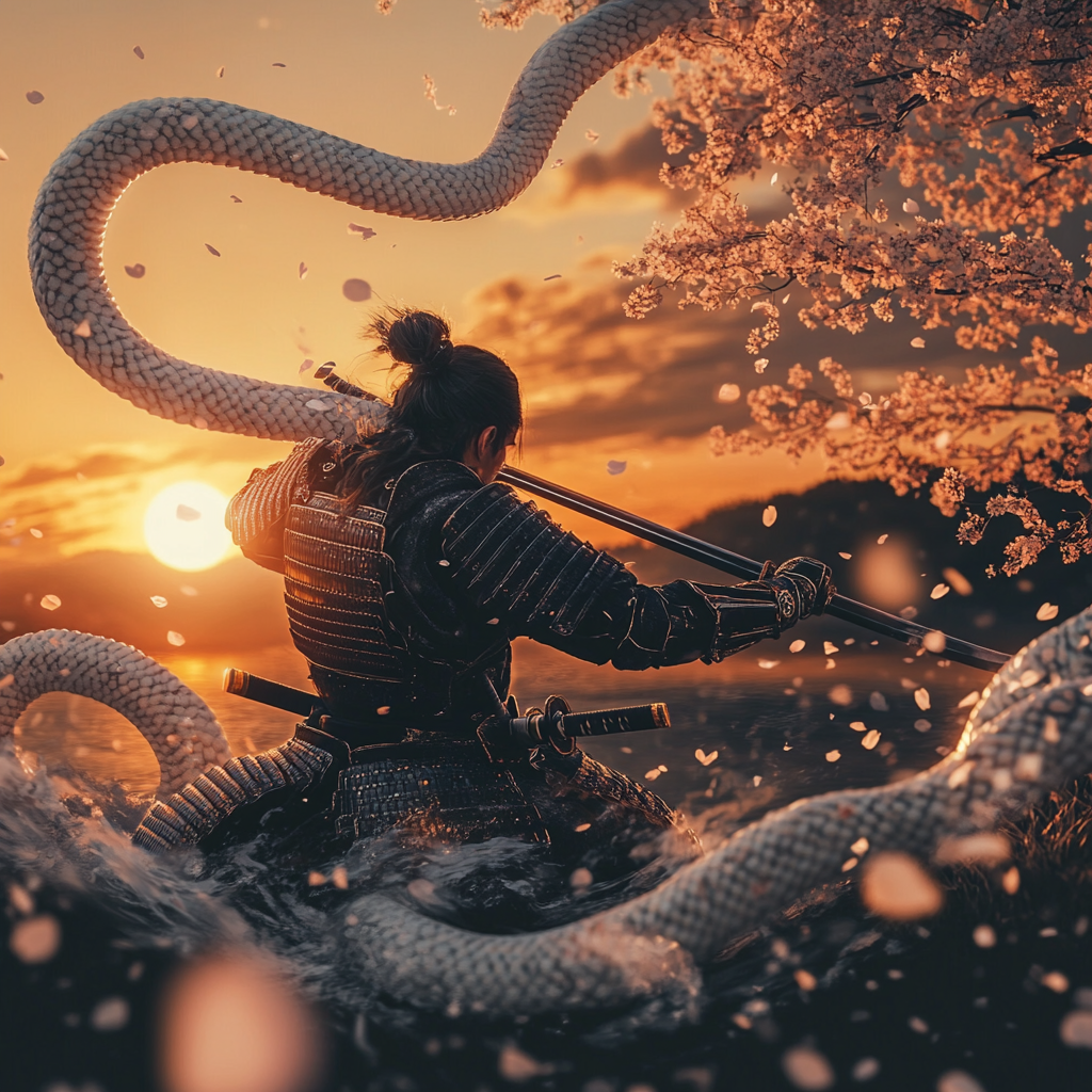 A samurai with white snakes swings sword at sunset