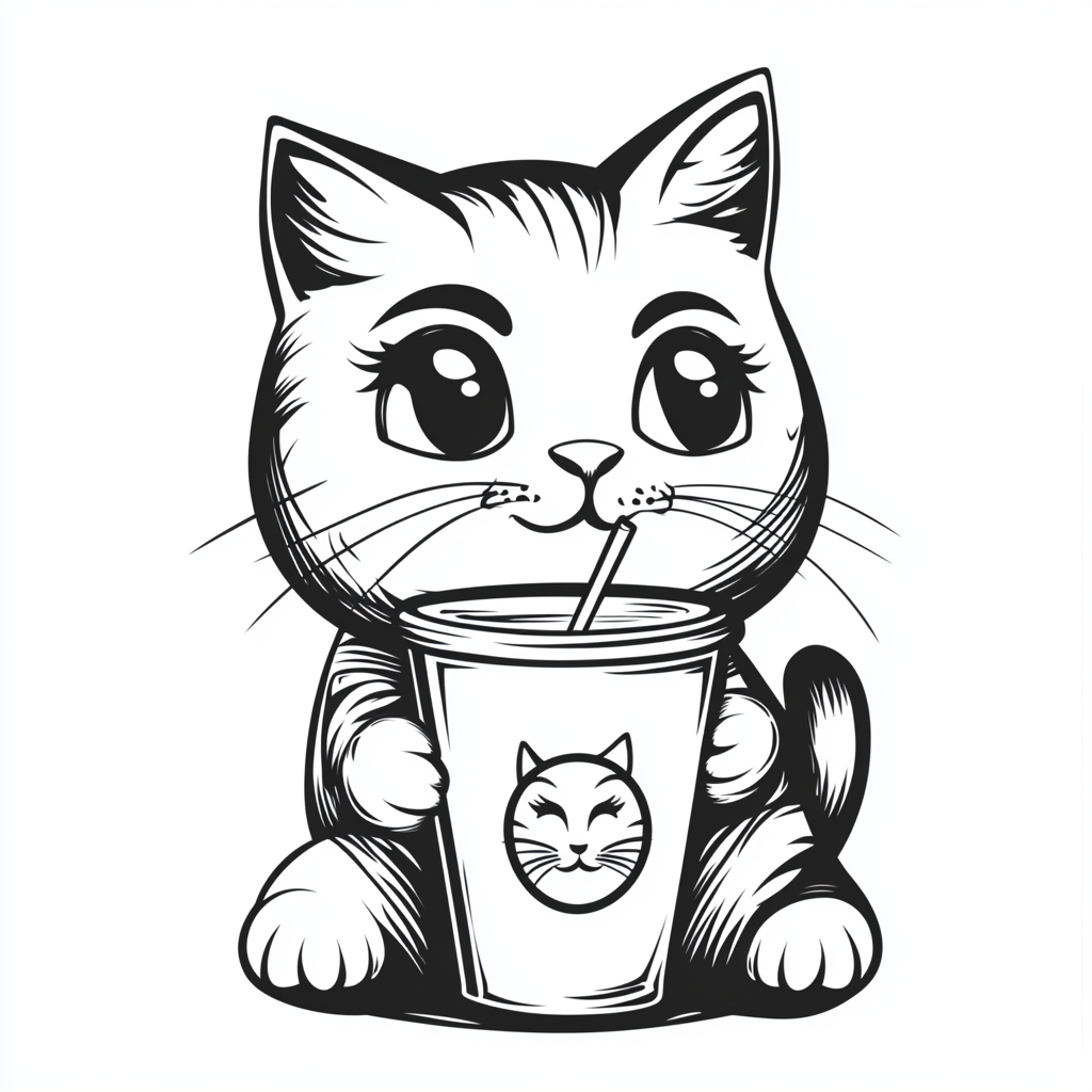 A satisfied cat enjoying latte in cartoon style