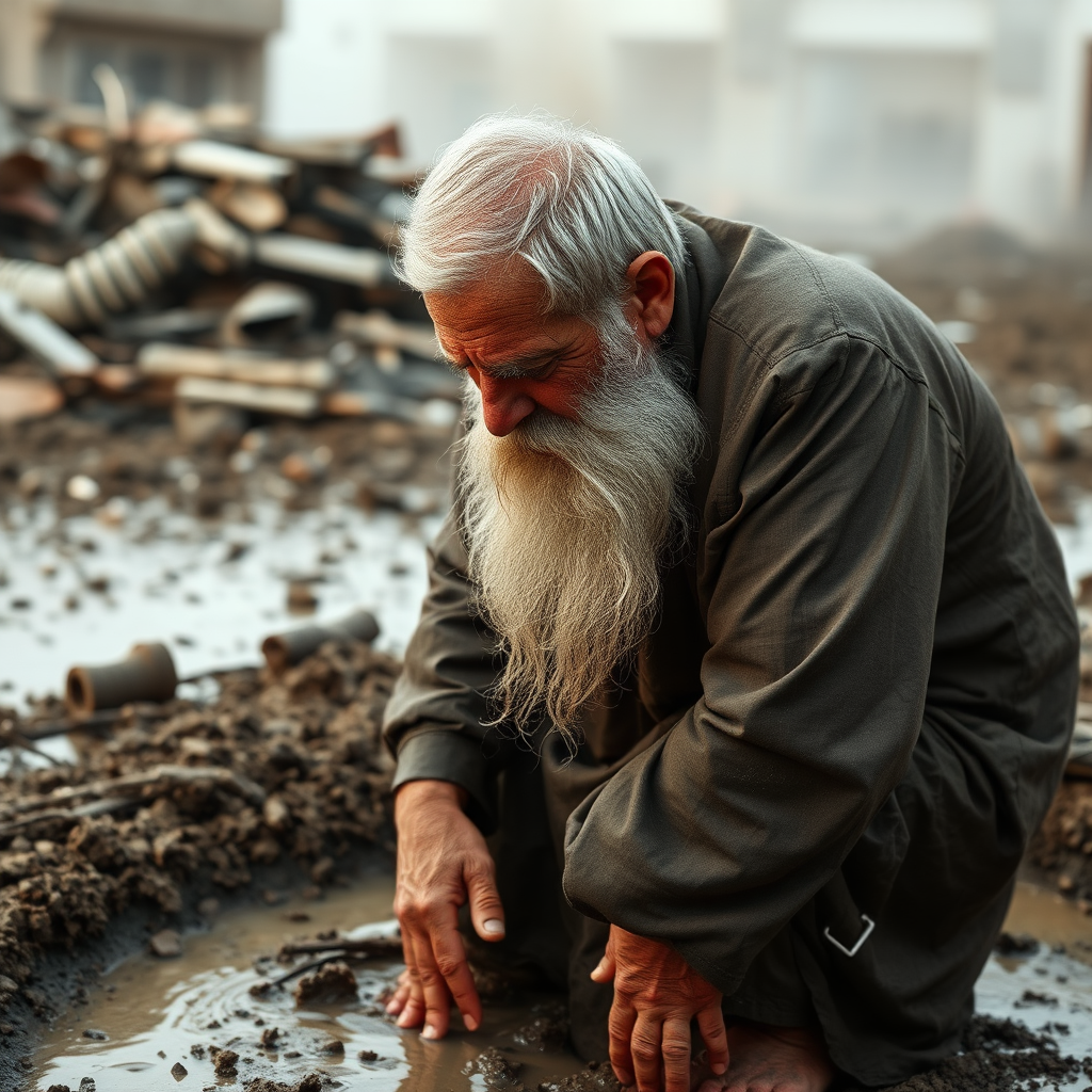 A scared mullah standing in mud after explosion.