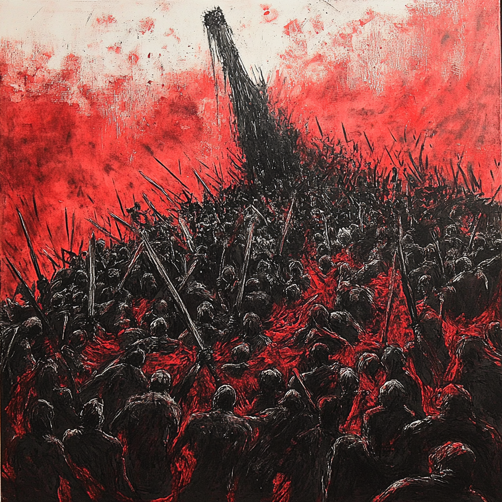 A scary black and red picture of a sea made of people screaming in pain with swords.