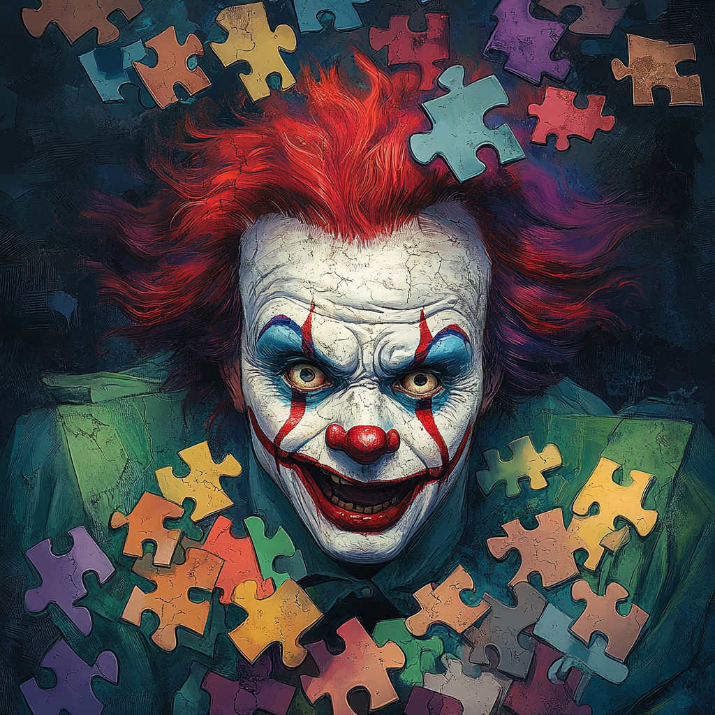 A scary clown dissolving into puzzle pieces.