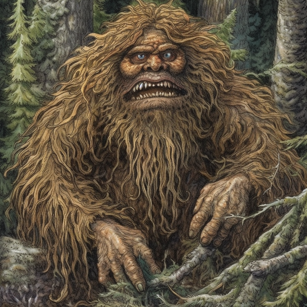 A scary creature named Kukwes in the forest.