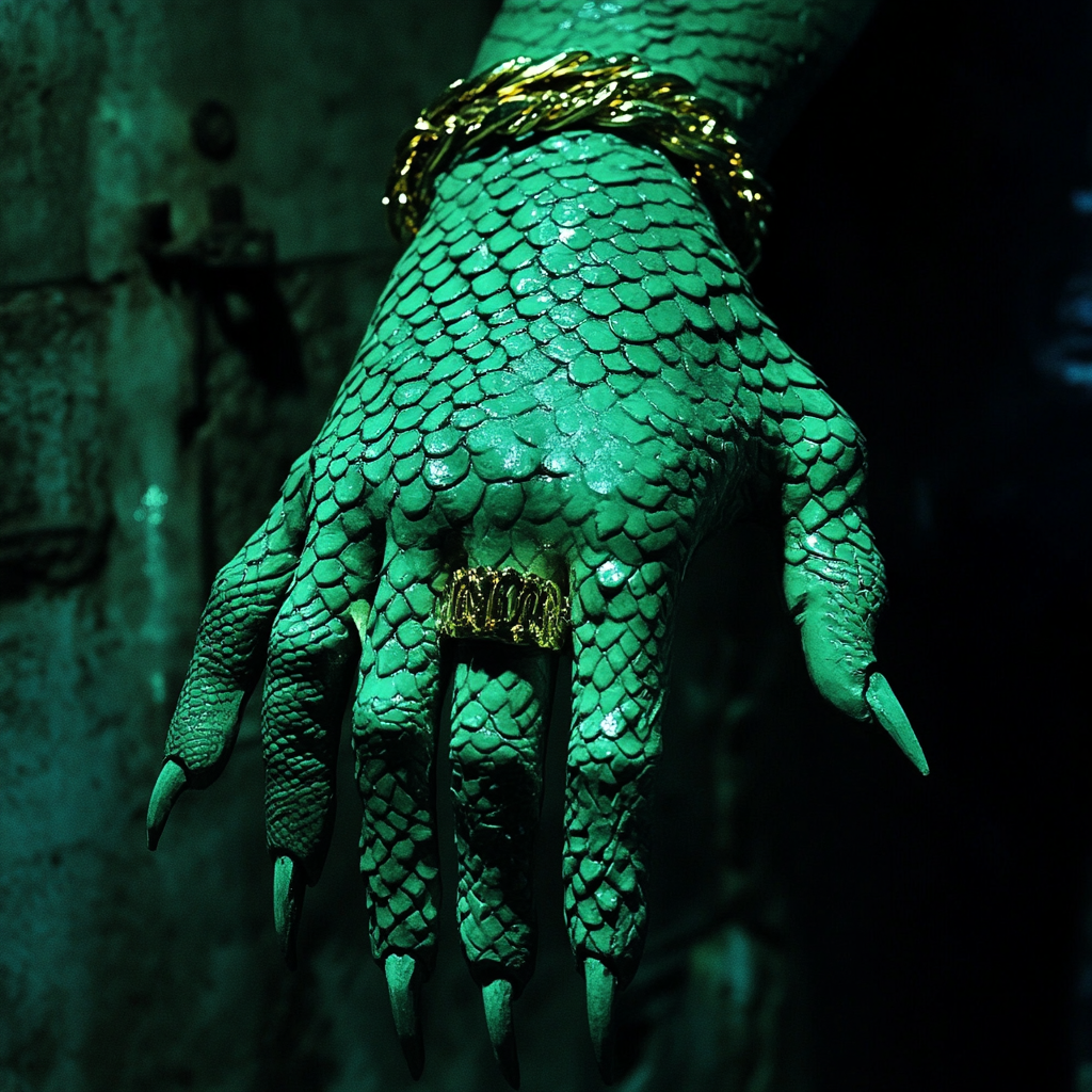 A scary green snake hand in dim room