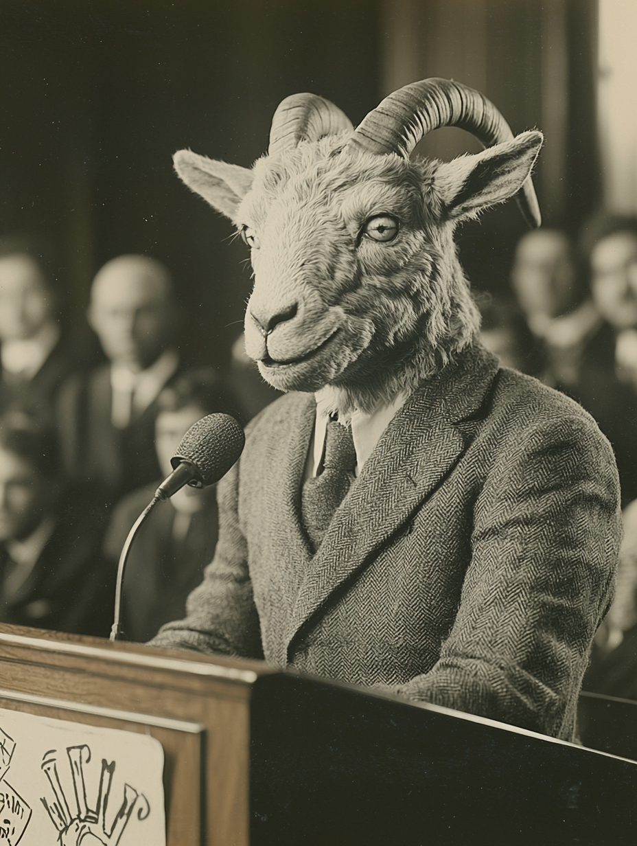 A scary man in goat suit giving speech.