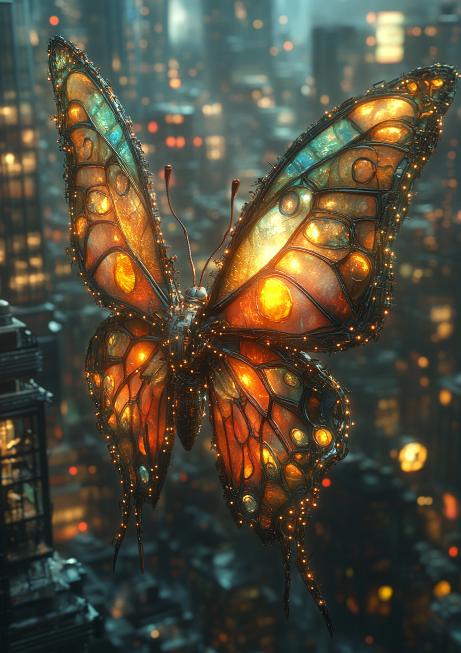 A scary mechanical butterfly super villain in city