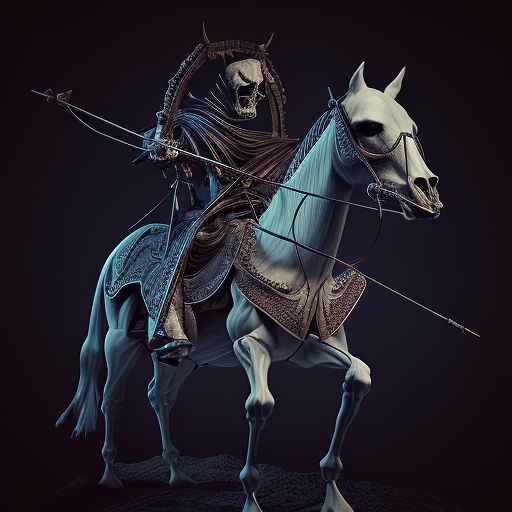 A scary skeleton on a horse with a bow