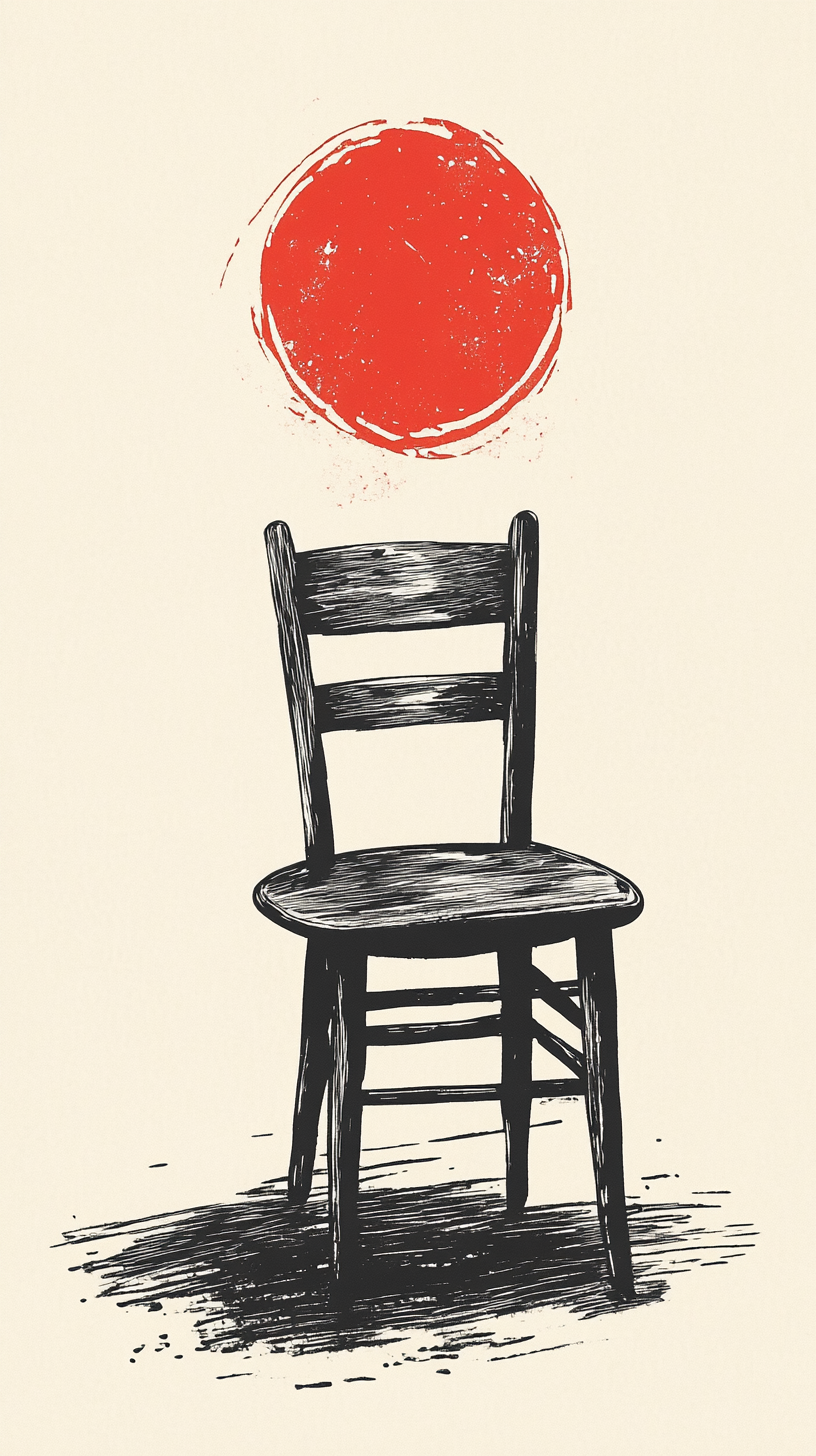 A scary vintage lamp on old chair, linocut style.