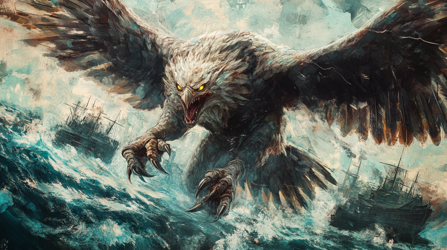 A scary winged harpy flying over a ship