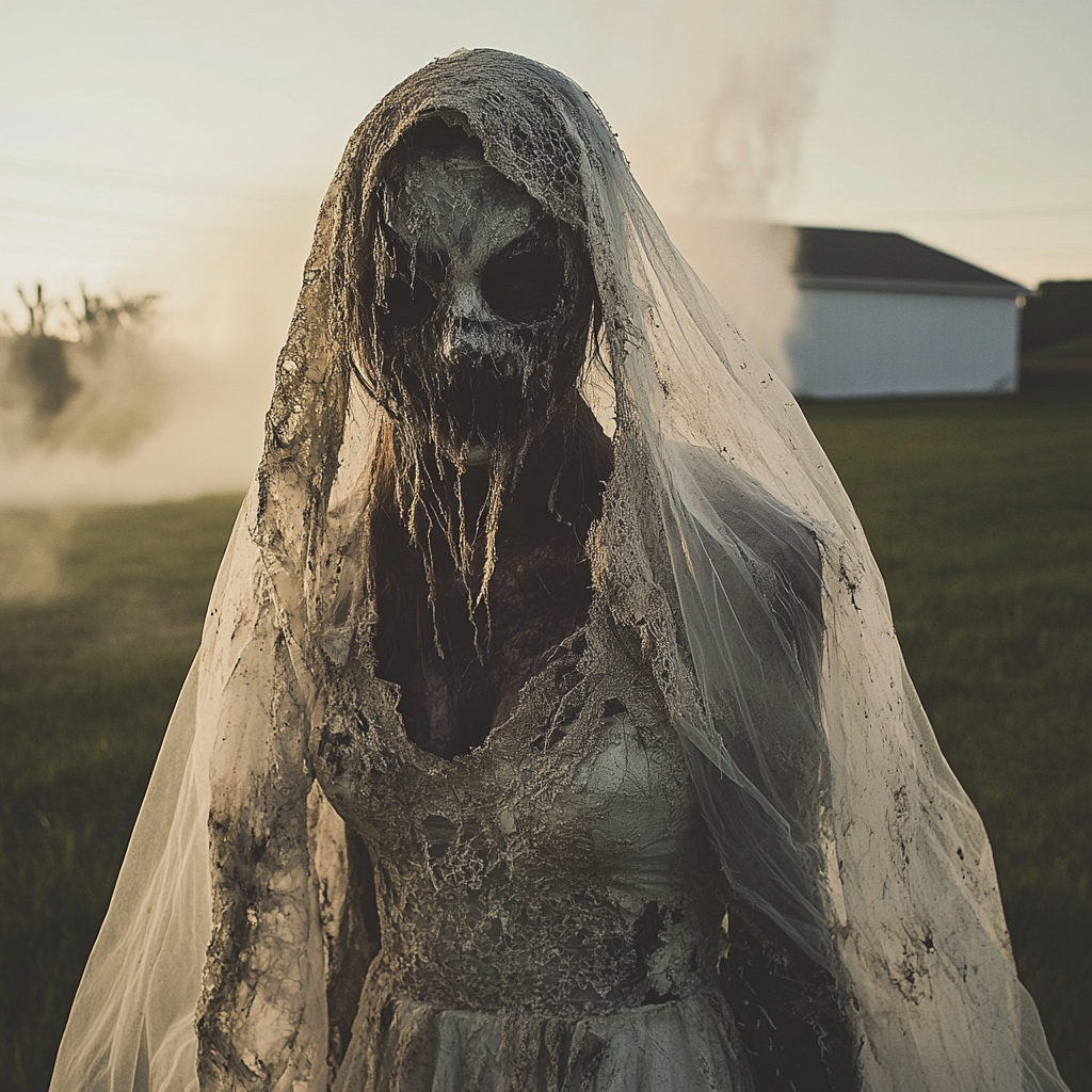 A scary zombie bride in torn gown at sunrise.