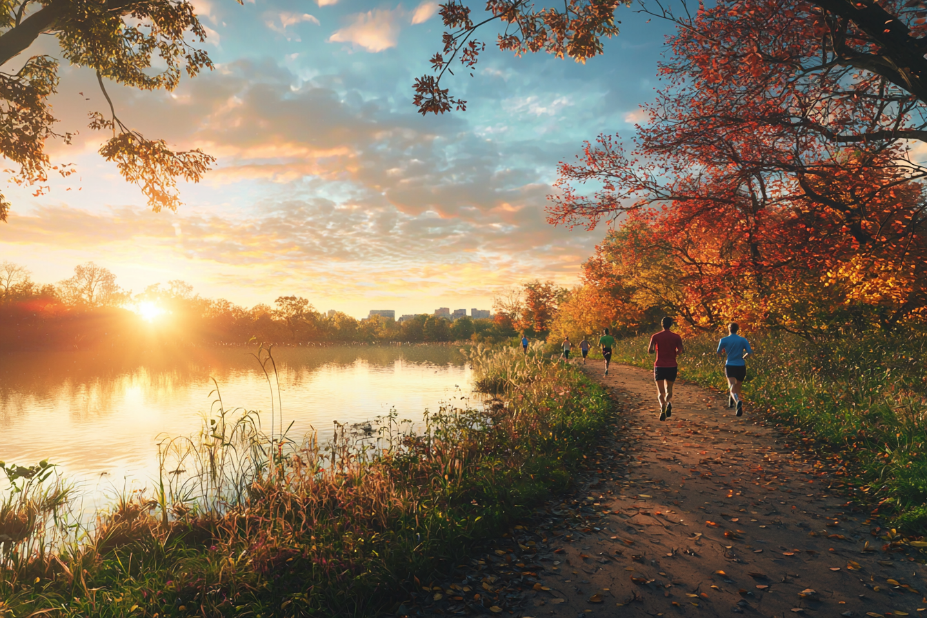 A scenic nature path with runners at sunrise