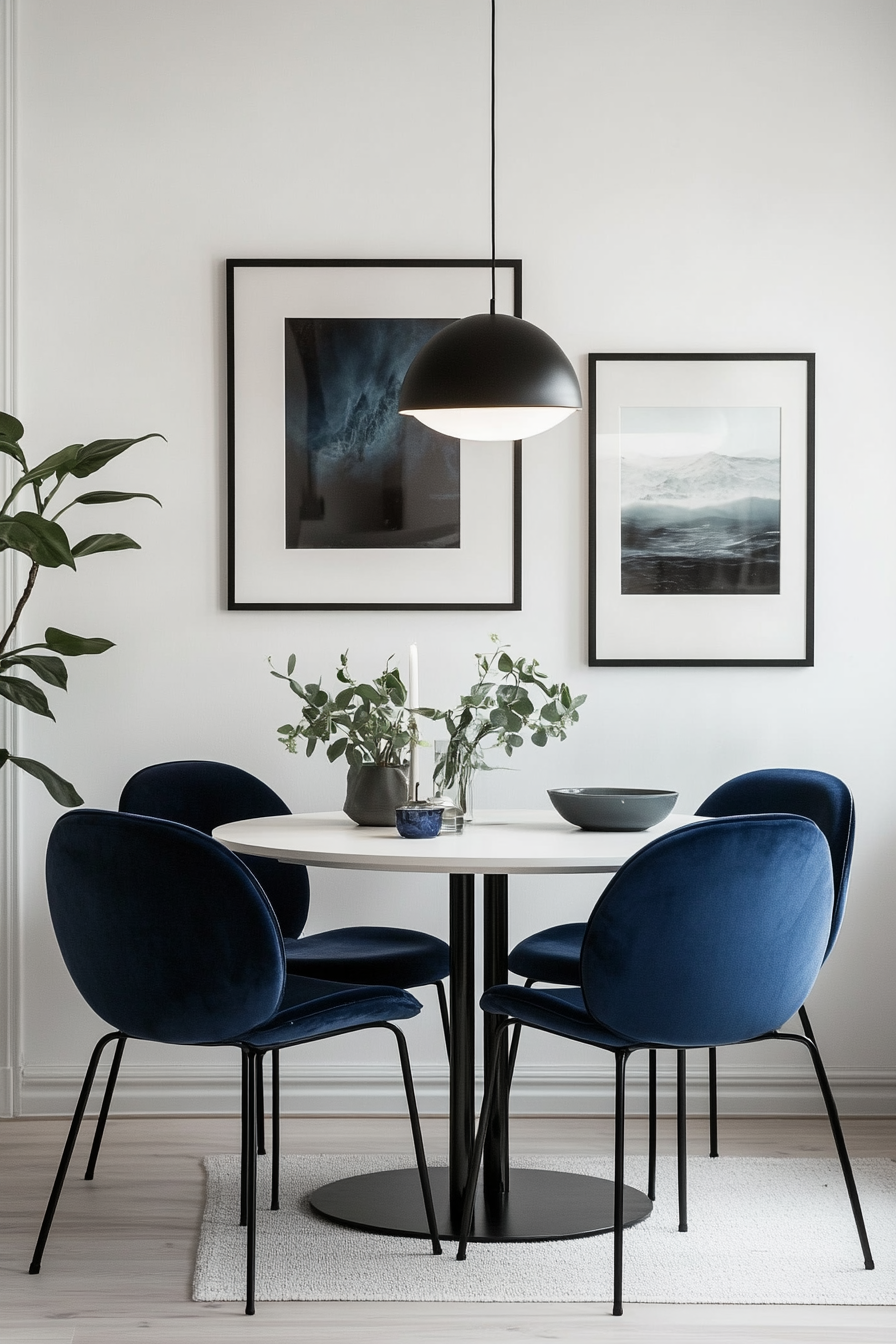 A serene Scandinavian kitchen with blue velvet chairs.