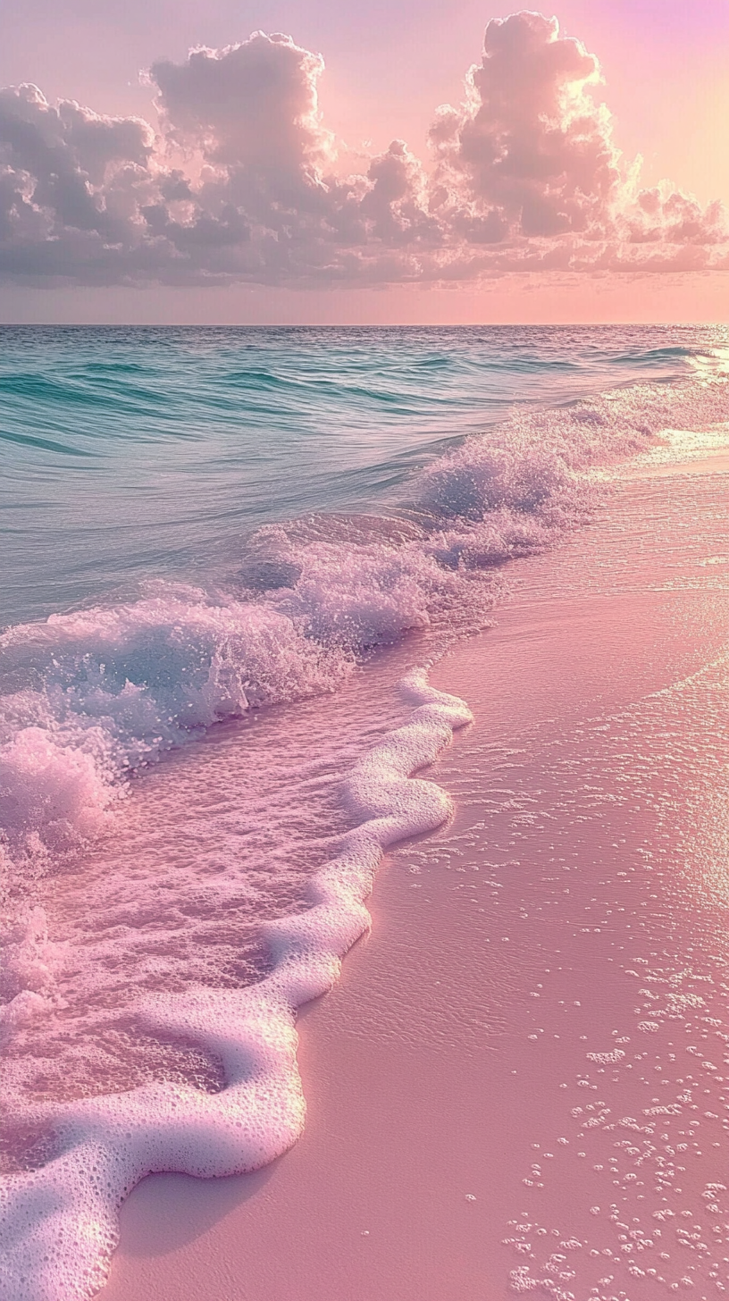 A serene beach with gentle waves and pastel colors