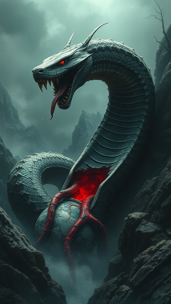 A serpent eats the world, dark and bloody.