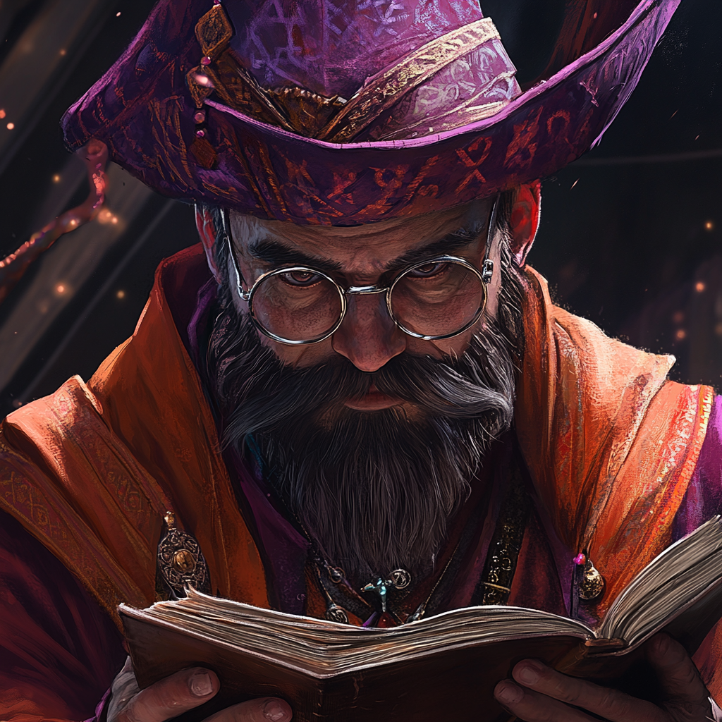 A sharp-eyed male dwarf wizard in vibrant robes