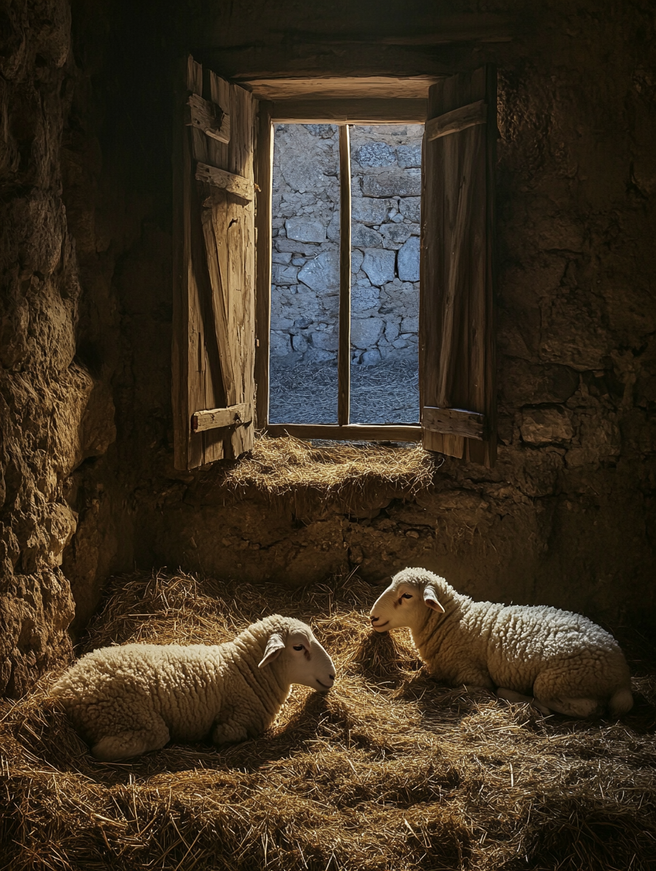 A sheep eating straw in rustic stable at night