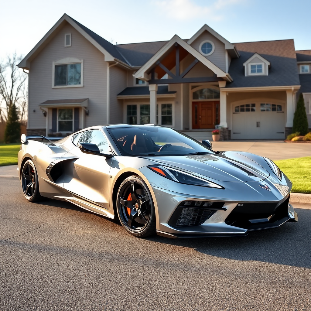 A shiny 2022 Silver Corvette parked in front.