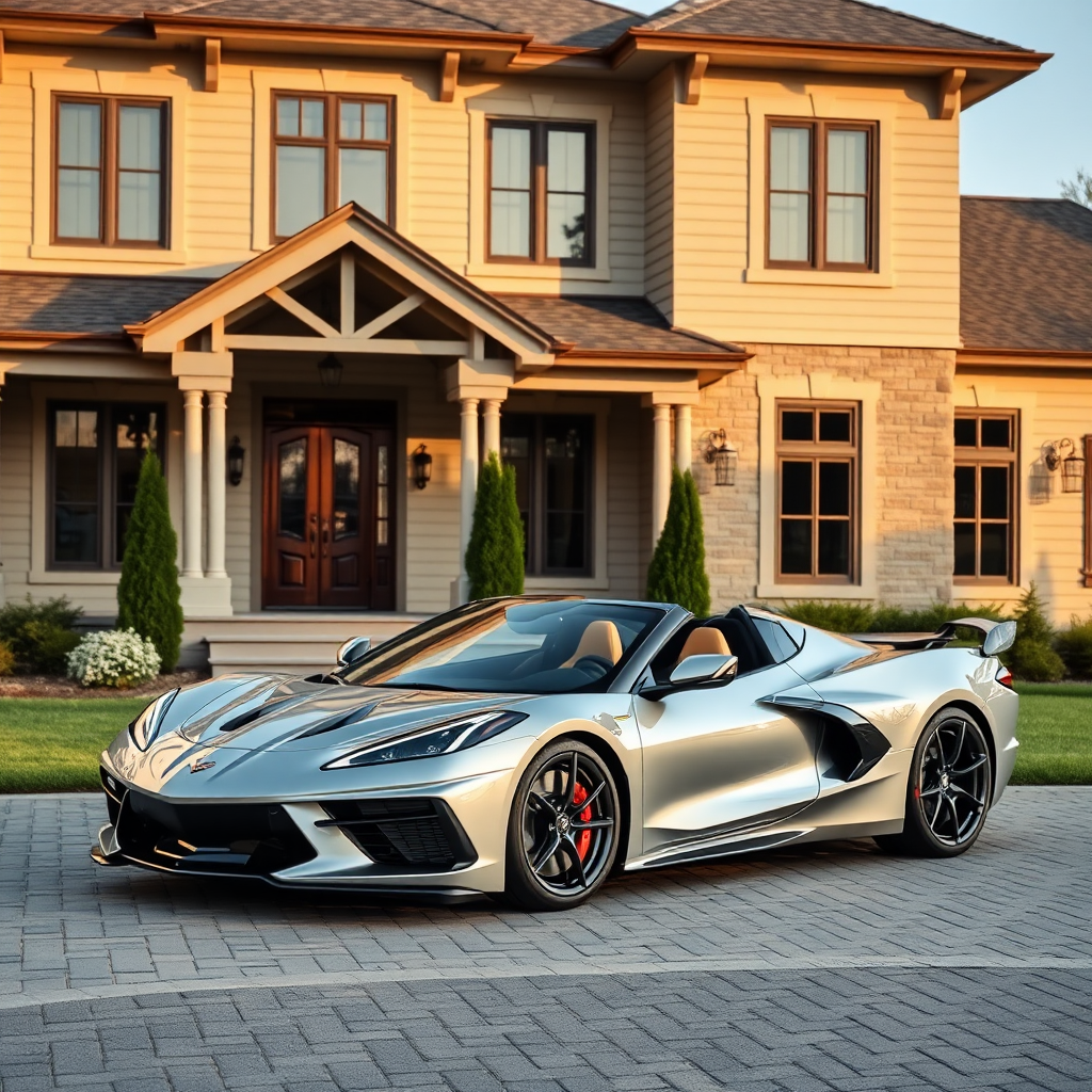 A shiny 2022 silver Corvette parked outside a fancy house.