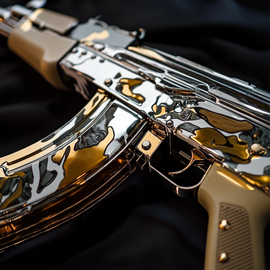 A shiny AK-47 in silver, gold, copper camouflage