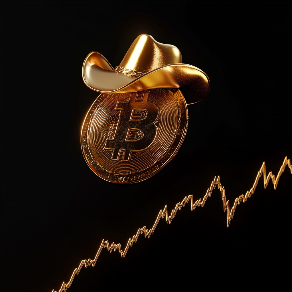 A shiny Bitcoin cowboy riding upward trend chart