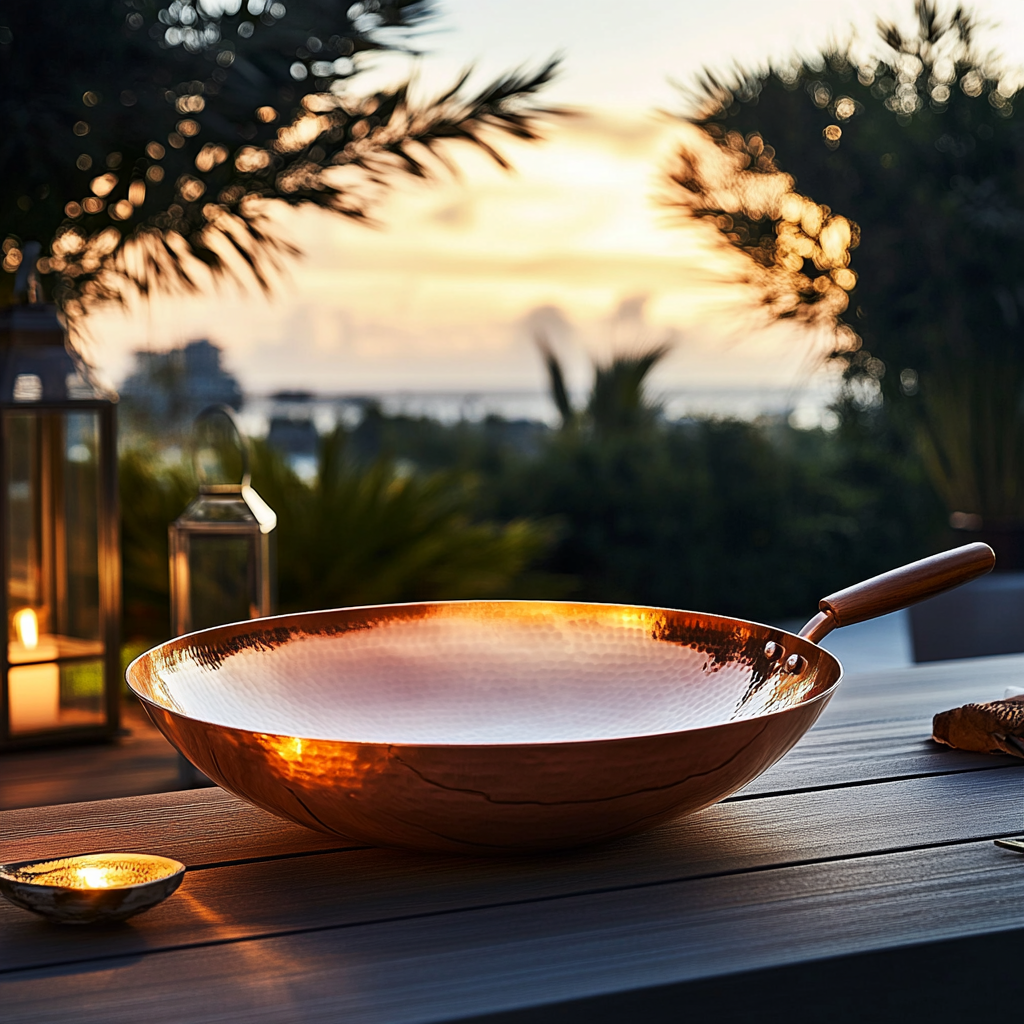 A shiny copper pan with steel handle outside