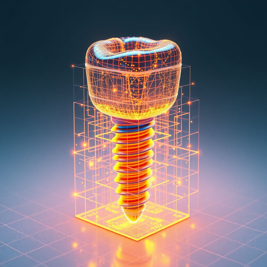 A shiny golden dental implant with digital patterns.