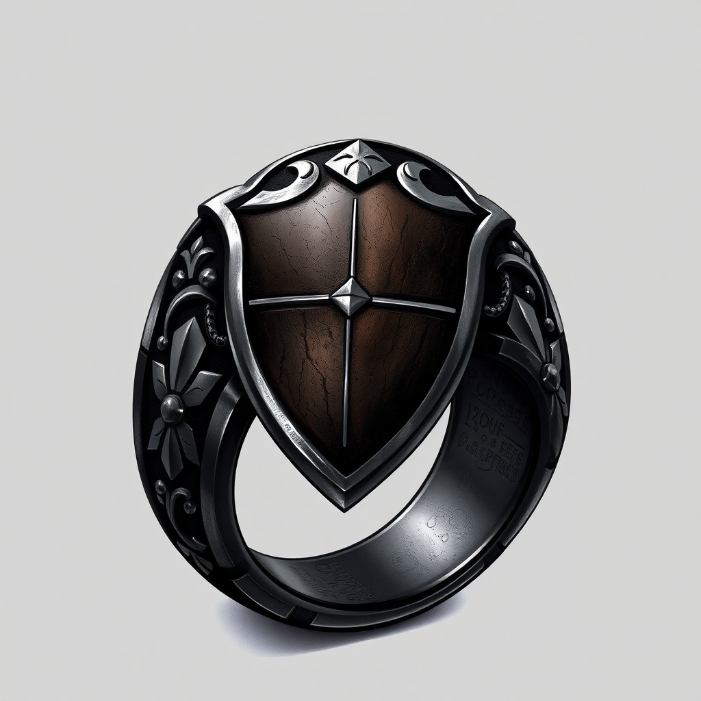 A shiny ring with a shield design.