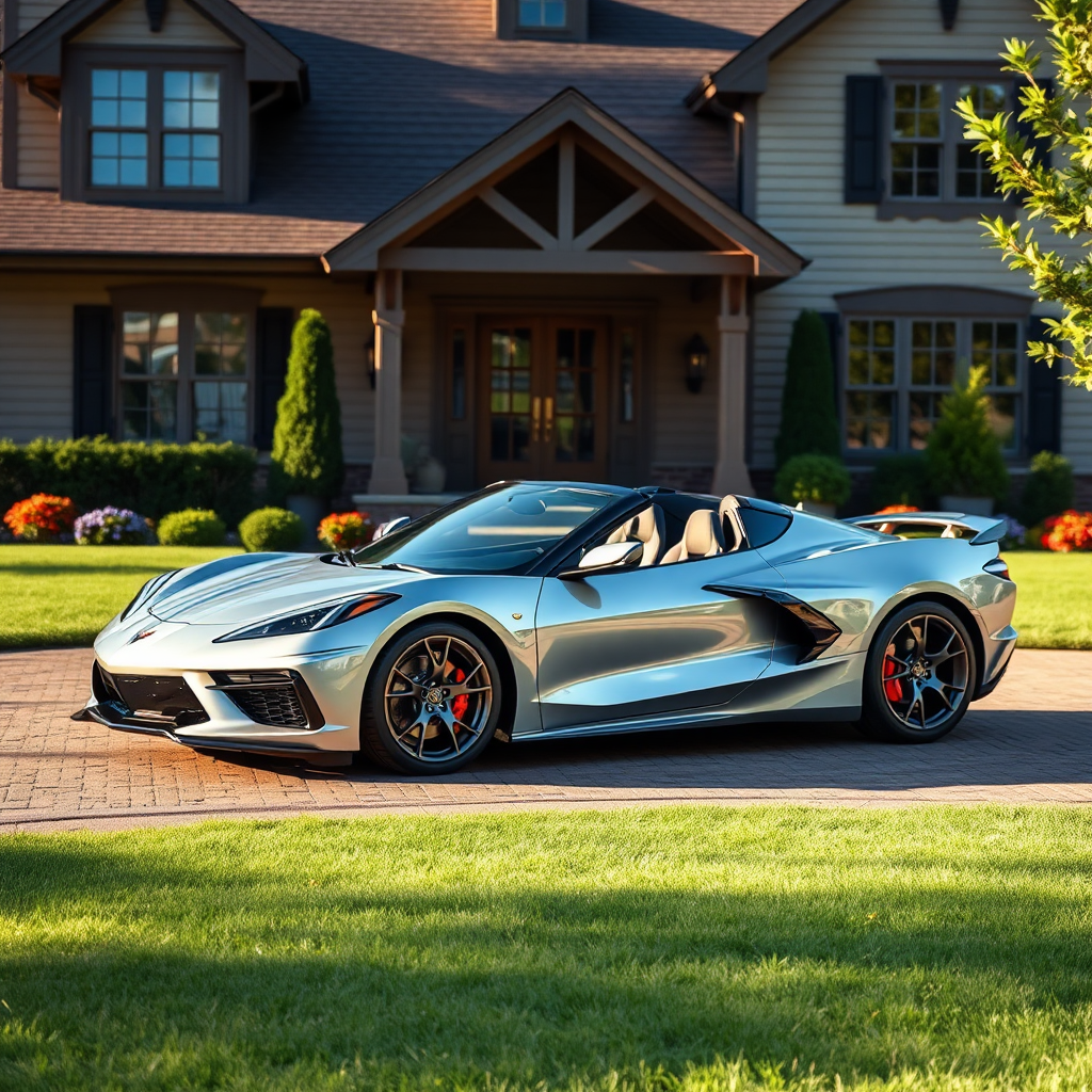 A shiny silver 2022 Corvette parked outside house.