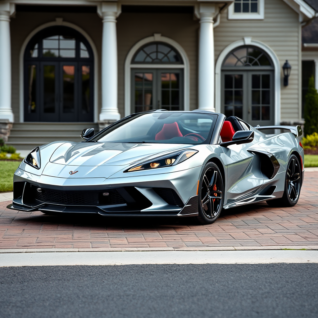 A shiny silver car in front of a house.