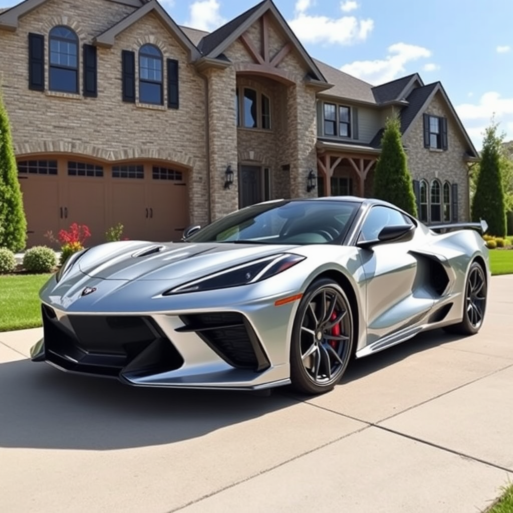 A shiny silver car in front of house