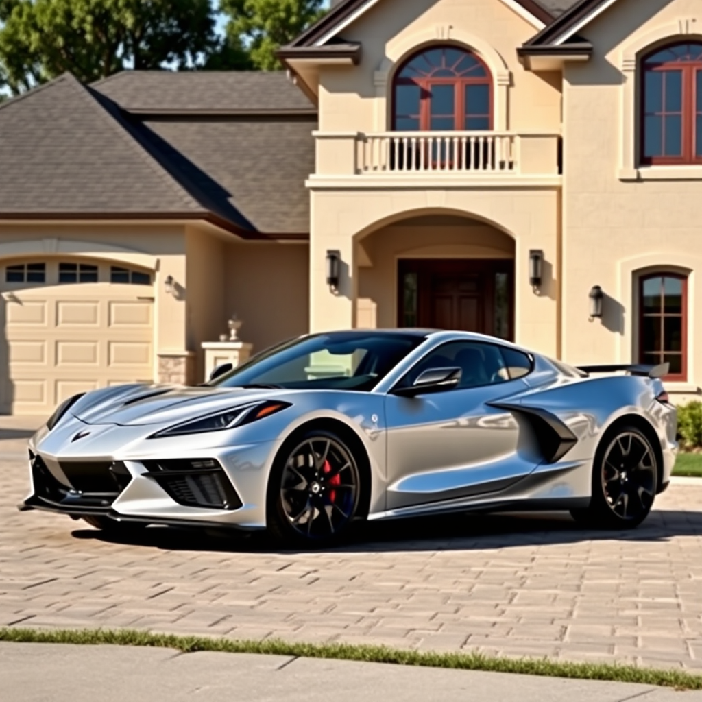 A shiny silver car parked in front of a fancy house.