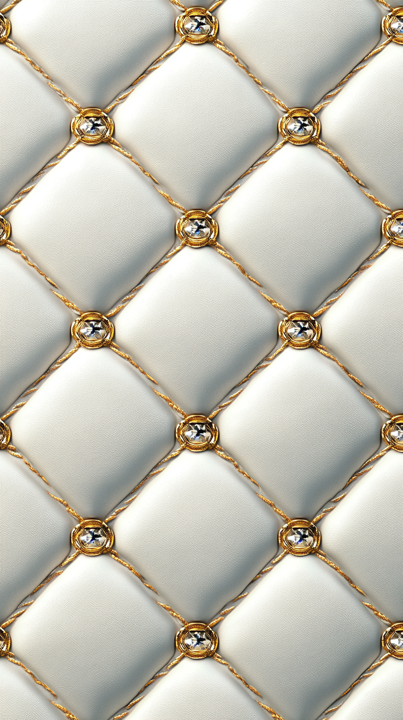 A shiny white leather pattern with golden stitches