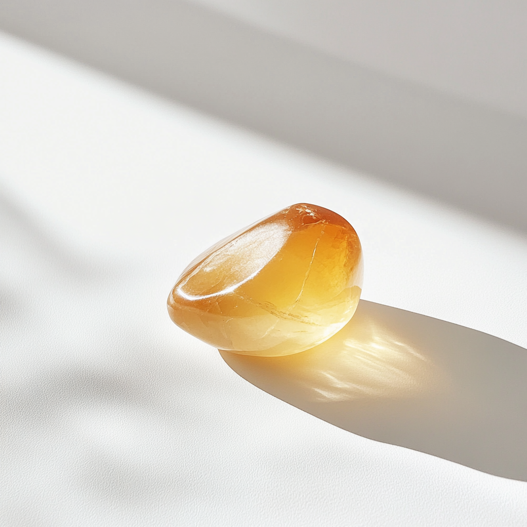 A shiny yellow gem on a white surface.