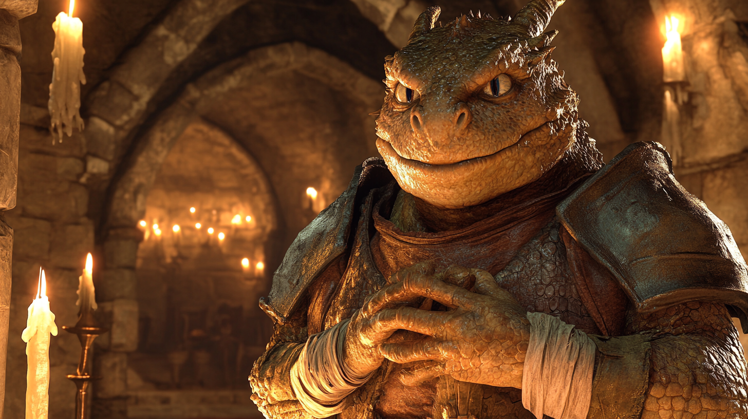 A short dragonborn in golden armor, in candlelit castle