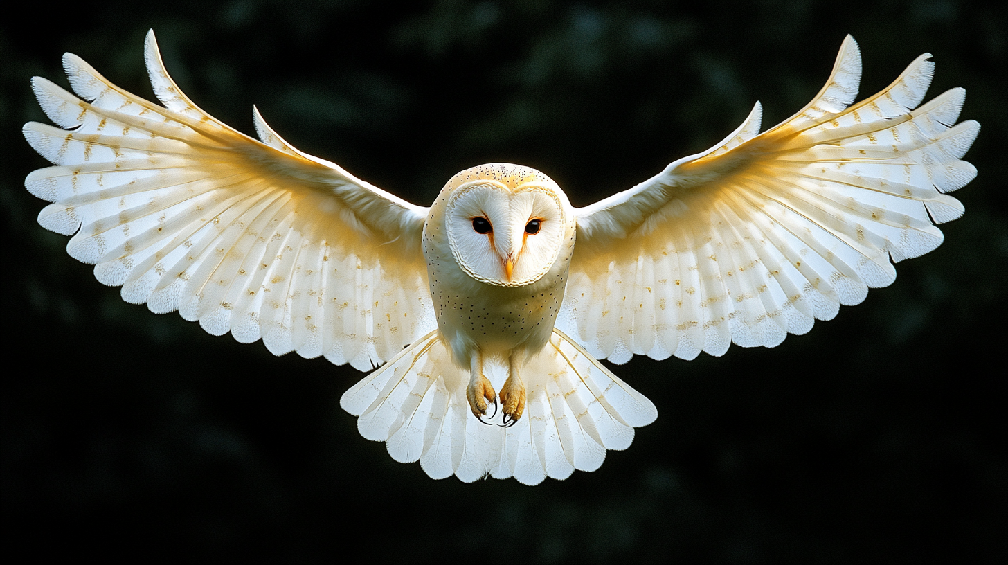 A silent flying barn owl in a dark forest