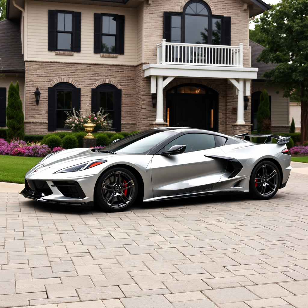 A silver 2022 Corvette parked in front of a beautiful house.