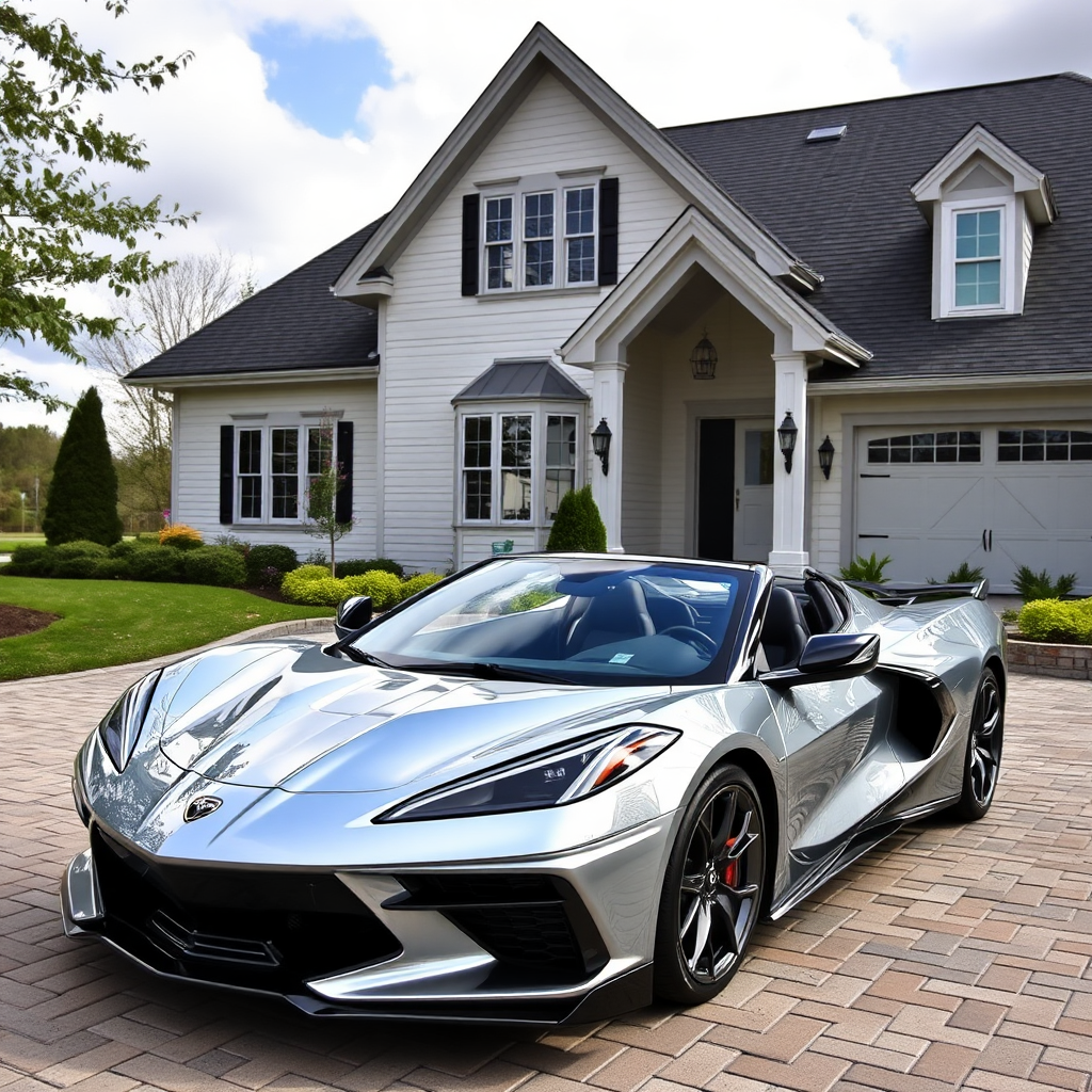 A silver Corvette in front of a nice house